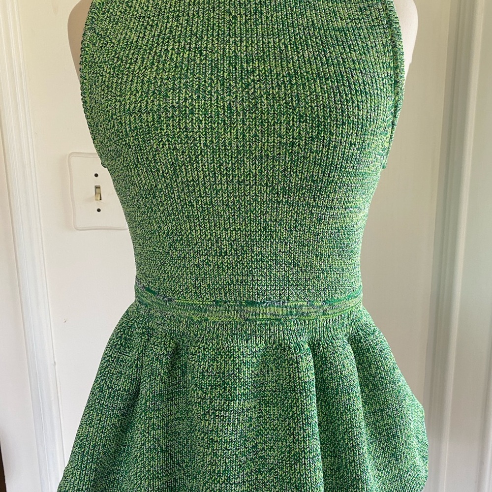 Tibi Tech Tweedy Sculpted Green Textured Peplum Shirt